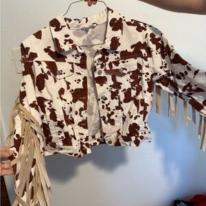 Peach Love California Brown and White Fringe Jean Jacket